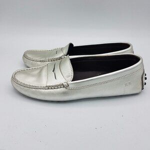 Tod's Gommino Driving Loafers Womens 37.5 Silver Metallic Leather Penny Loafers